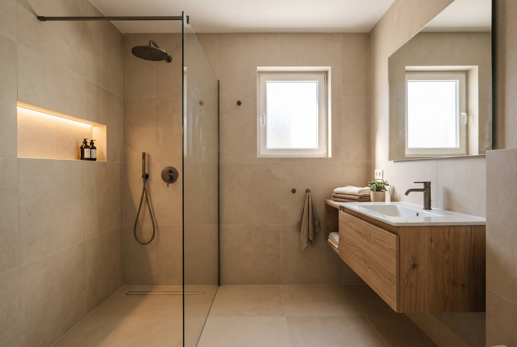 Kum rengi büyük ebatlı seramikle kaplı yenilenmiş banyo: cam bölmeli duş alanı, yağmurlama duş başlığı, koyu renk bataryalı lavabo ve nişte yumuşak LED ışık