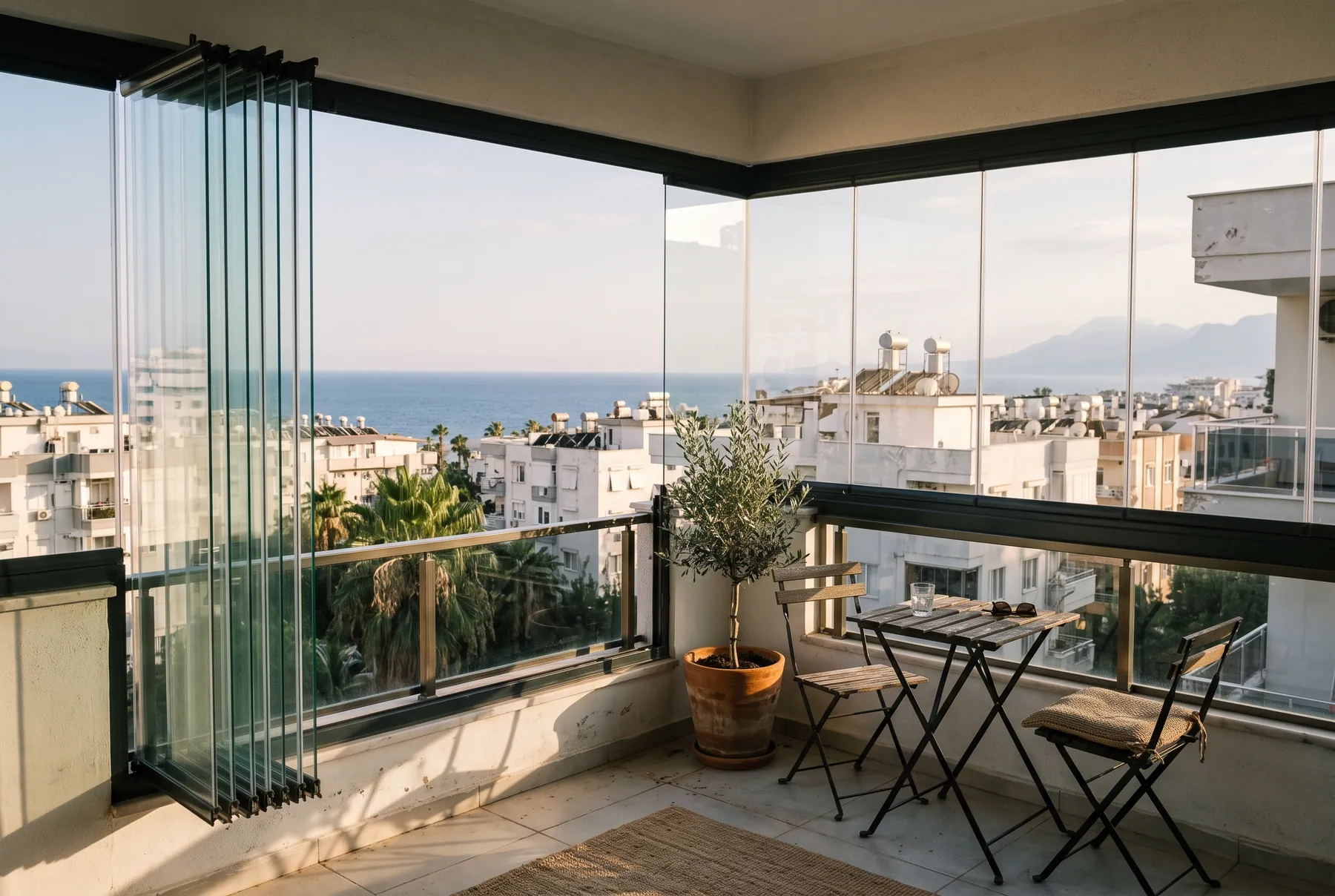 Antalya'da deniz manzaralı bir balkonda katlanır cam balkon sistemi (temsilî görsel)
