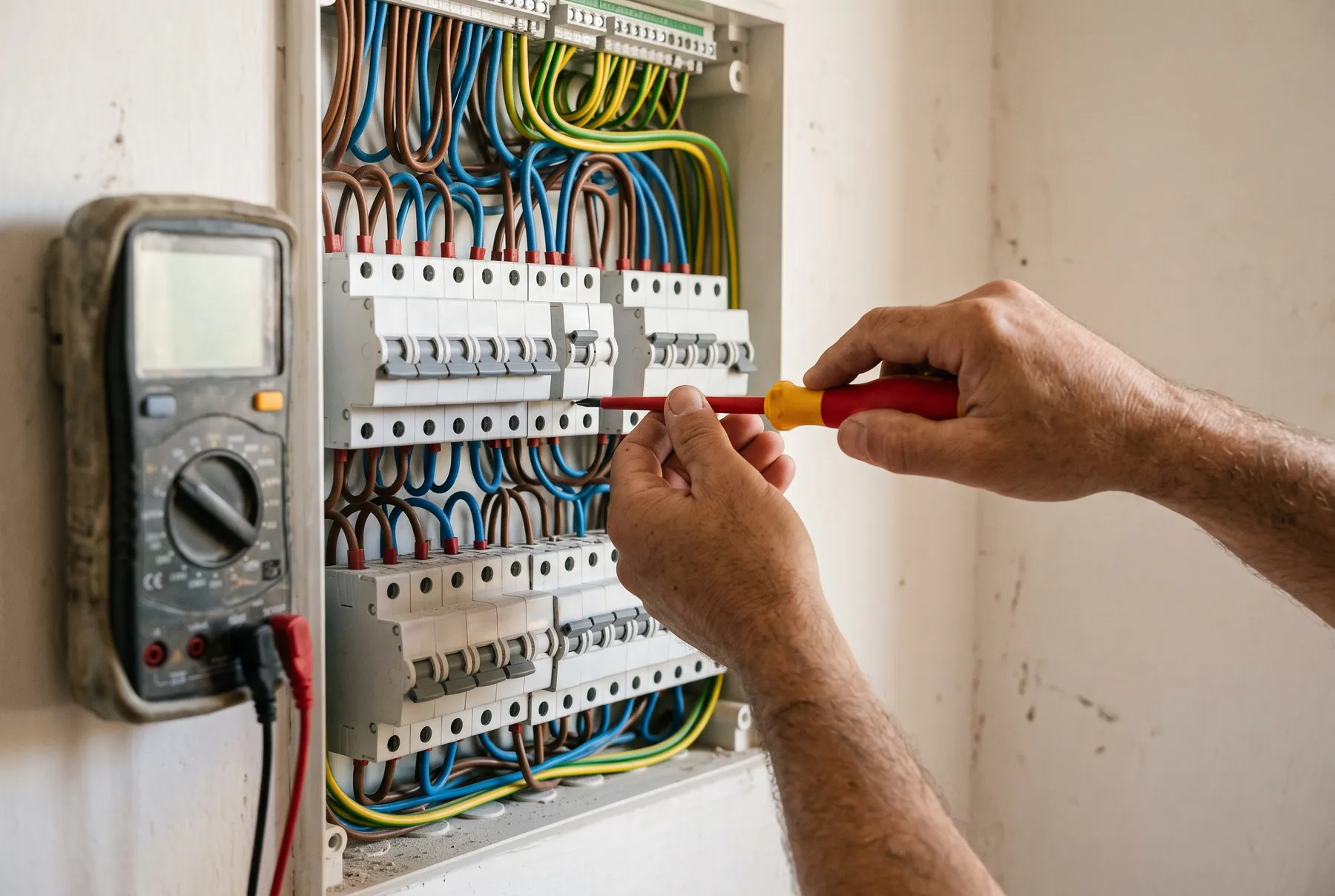Açık elektrik panosunda bir usta kırmızı saplı tornavidayla sigorta bağlantısını kontrol ediyor; solda duvara asılı bir ölçü aleti görünüyor.