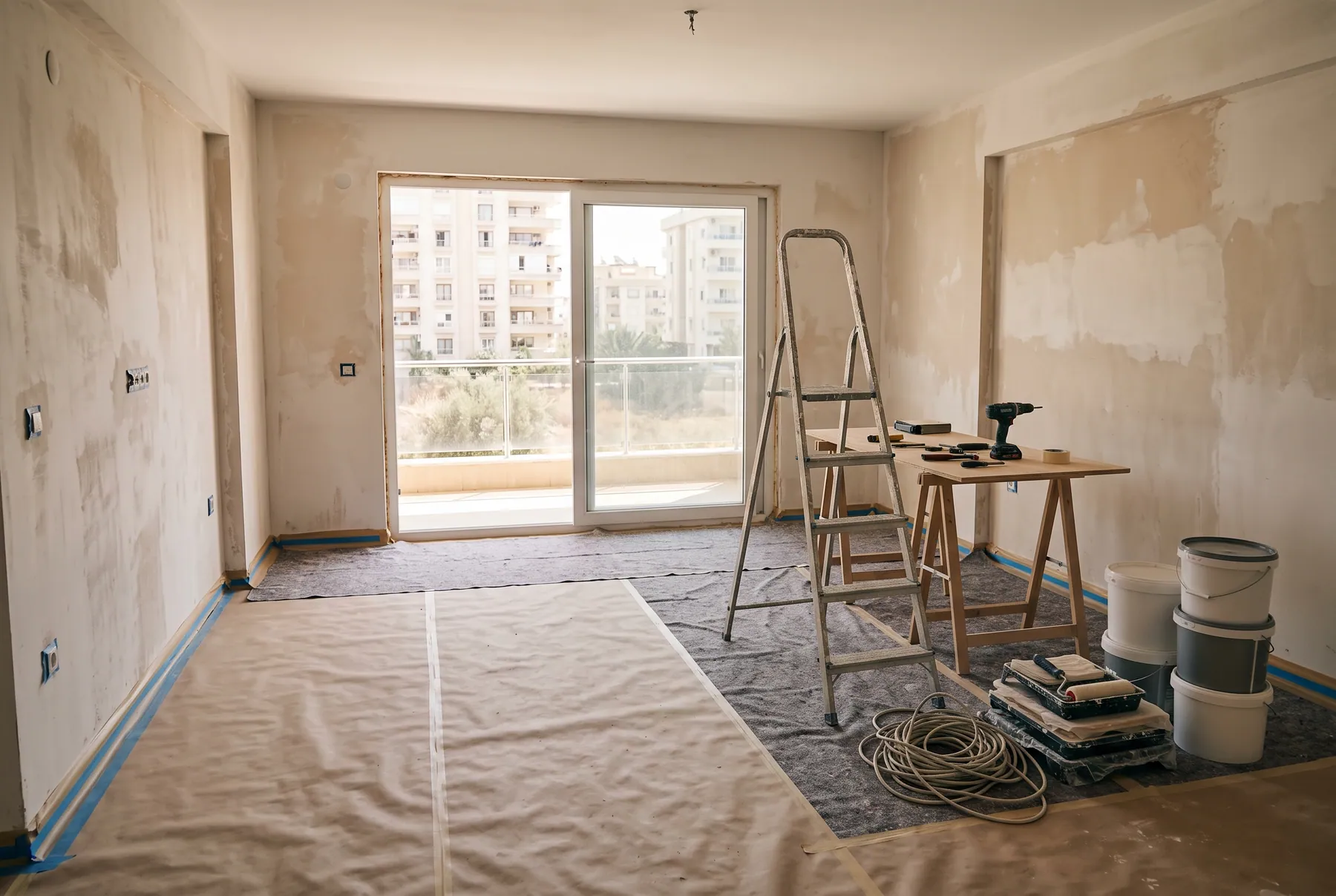 Tadilat aşamasındaki boş bir oda: sıvası düzeltilmiş duvarlar, zemine serilmiş koruyucu örtüler, merdiven, boya kovaları ve balkon kapısının ardında apartmanlar