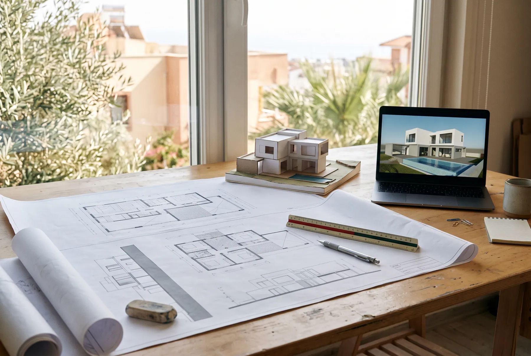 Masada mimari çizimler, ölçü cetveli ve 3B villa modeli açık bir dizüstü bilgisayar (temsilî görsel)